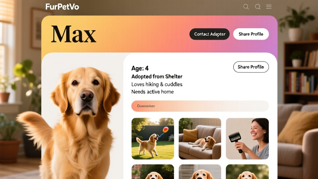 Screenshot-style mockup showing a clean, user-friendly FurPetVo profile page for a Golden Retriever with photos and bio sections