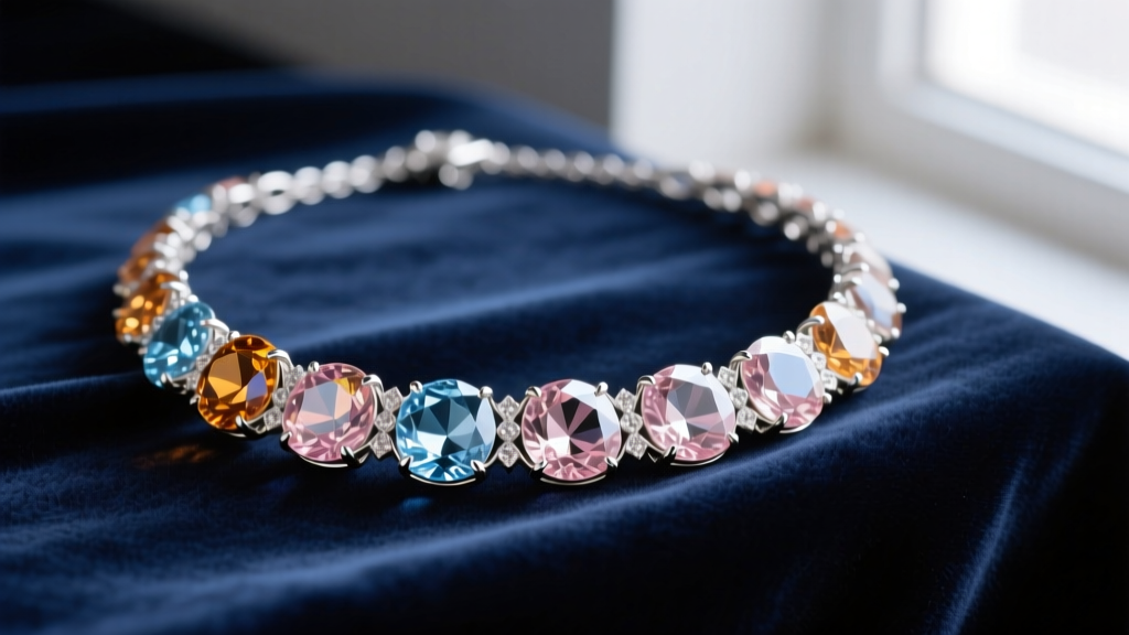 Georgian paste crystal necklace with silver collet settings on dark velvet, soft lighting highlighting the hand-cut facets.