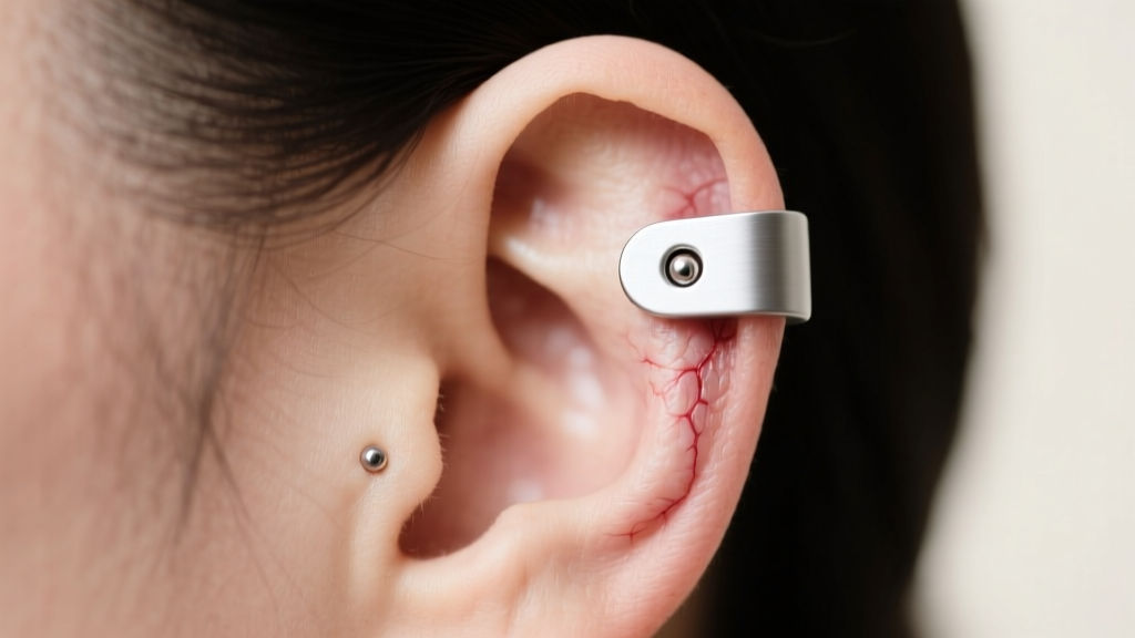 Side profile of an ear wearing a specialized magnetic pressure splint over a healed piercing to flatten hypertrophic scar tissue