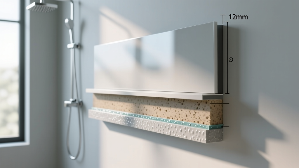 Cross-section diagram of a solid surface shower wall panel showing the 12mm thickness and waterproof adhesive layer