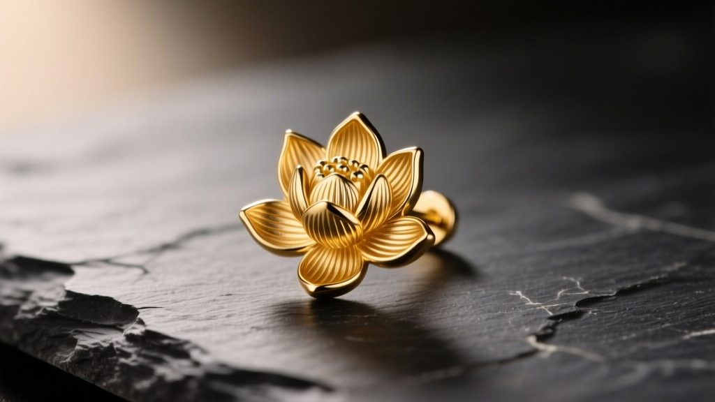 Macro shot of a 14k gold lotus stud earring with detailed petal veining, resting on dark slate under soft, warm studio lighting.