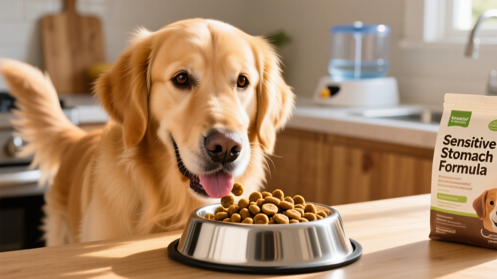 Close-up of a golden retriever happily eating from a stainless steel bowl filled with kibble