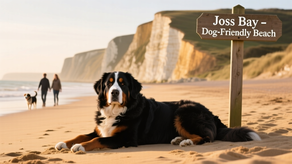 Bernese Mountain Dog lying on the sandy beach with chalk cliffs in the background — Joss Bay, Kent
