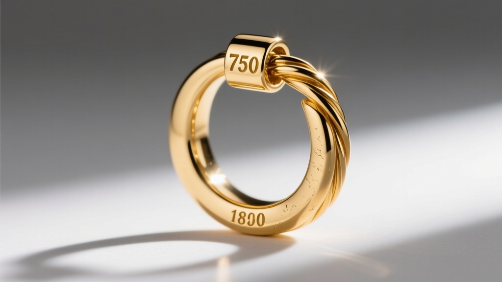 Extreme close-up of an 18k gold hoop clasp, showing the 750 hallmark on the wire post under a bright jeweler's loupe.
