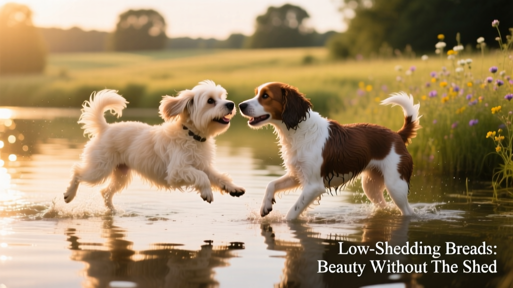A Havanese and Portuguese Water Dog playing together near water, both with shiny, well-groomed coats