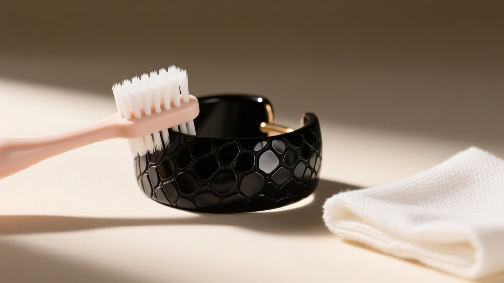 Soft baby toothbrush gently scrubbing the textured surface of a black shagreen ear cuff, with a folded microfiber cloth nearby.