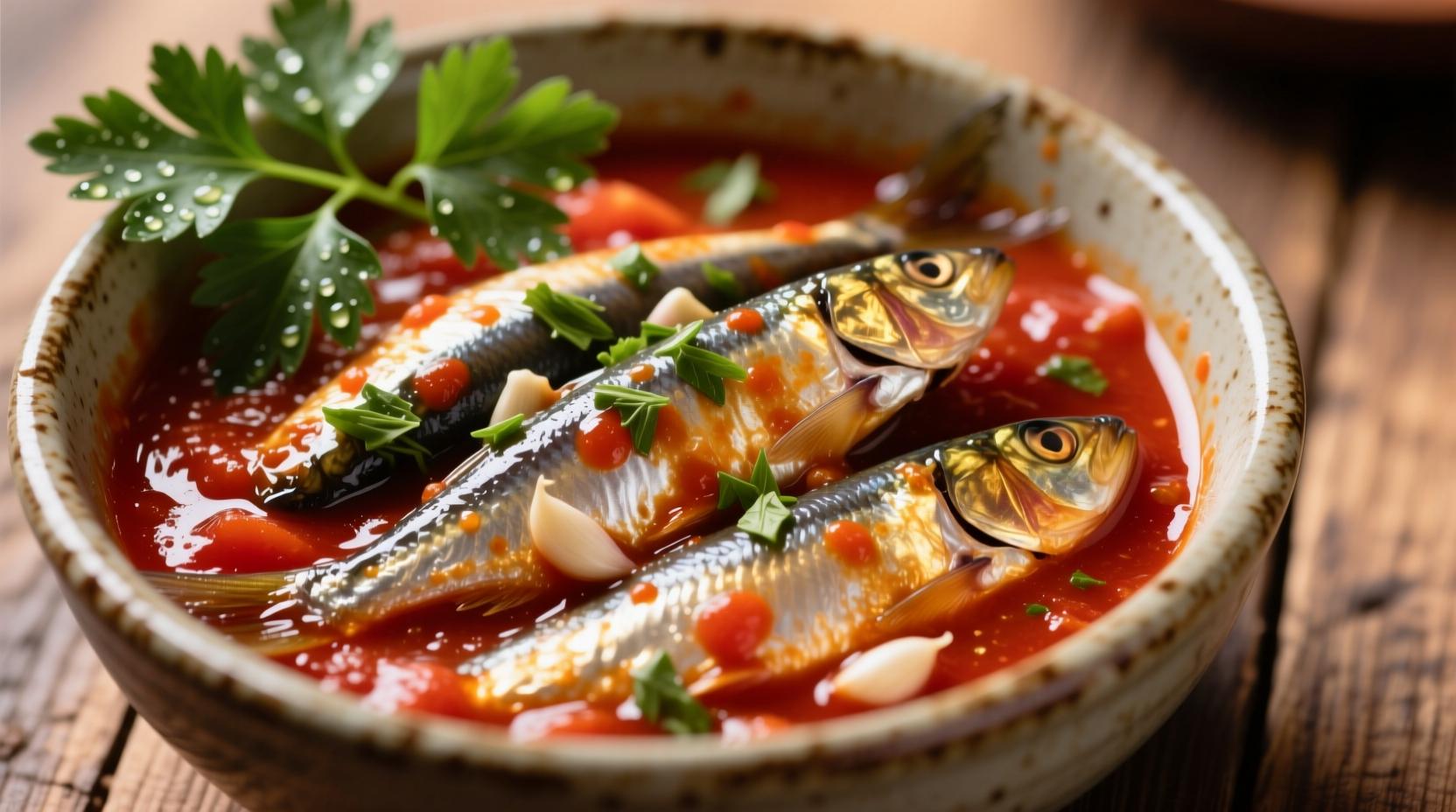 Sardines in rich tomato sauce with fresh parsley garnish
