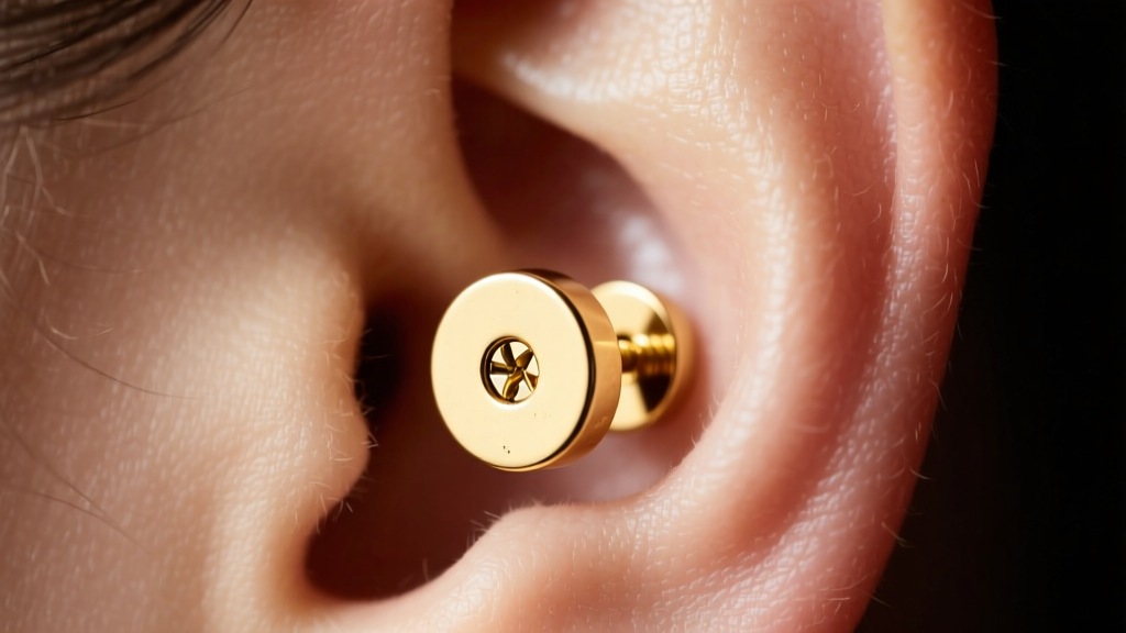 Close-up of an earlobe wearing a 15mm solid 14k gold oversized stud earring with a secure screw back, studio lighting, sharp focus.