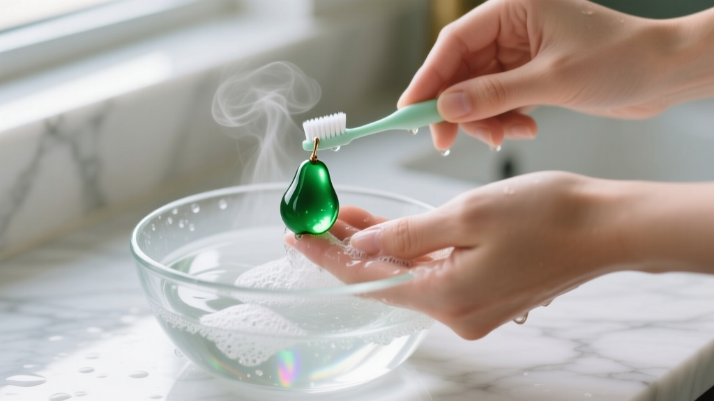 Hands washing a pear emerald earring with a soft baby toothbrush and soapy water in a glass bowl on a white marble counter