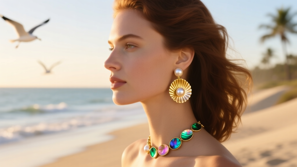 Woman wearing gold clam shell drop earrings, iridescent abalone shell catching sunlight against a blurred beach.