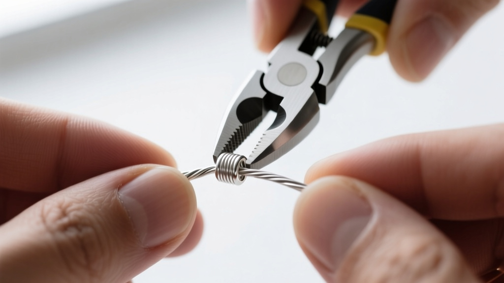 Macro shot of hands using a crimping tool to secure a 2mm sterling silver crimp bead onto a 0.015-inch beading wire.