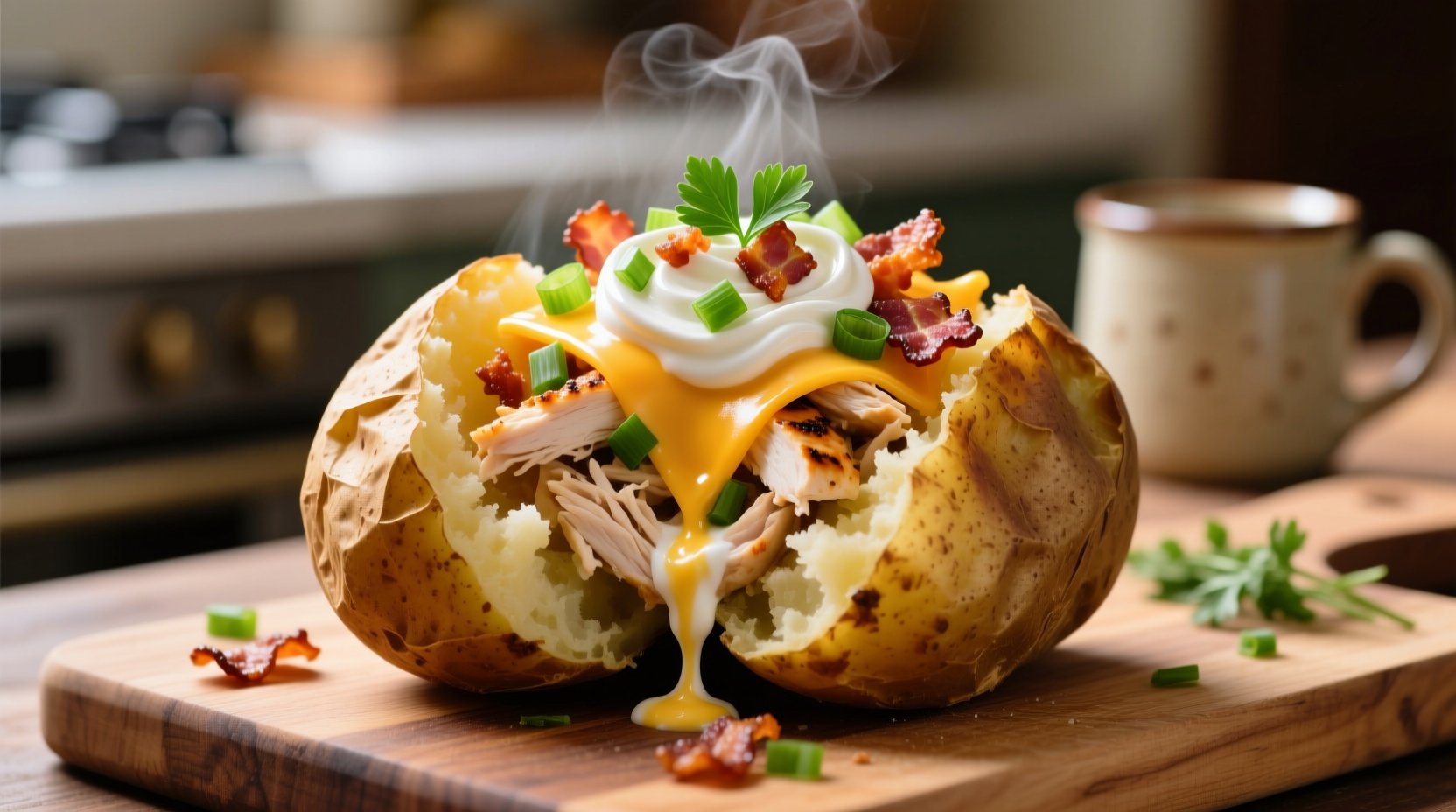 Loaded baked potato with chicken and toppings