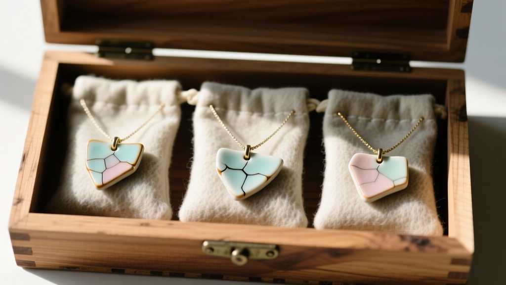 Three anti-tarnish flannel pouches inside a cedar box, each holding a distinct piece of a fragmented ceramic BFF necklace.