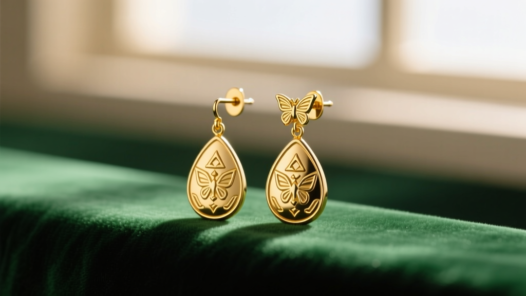 Gold teardrop Zelda earrings on emerald velvet, highlighting intricate Hylian engravings, 18G posts, and butterfly backings.