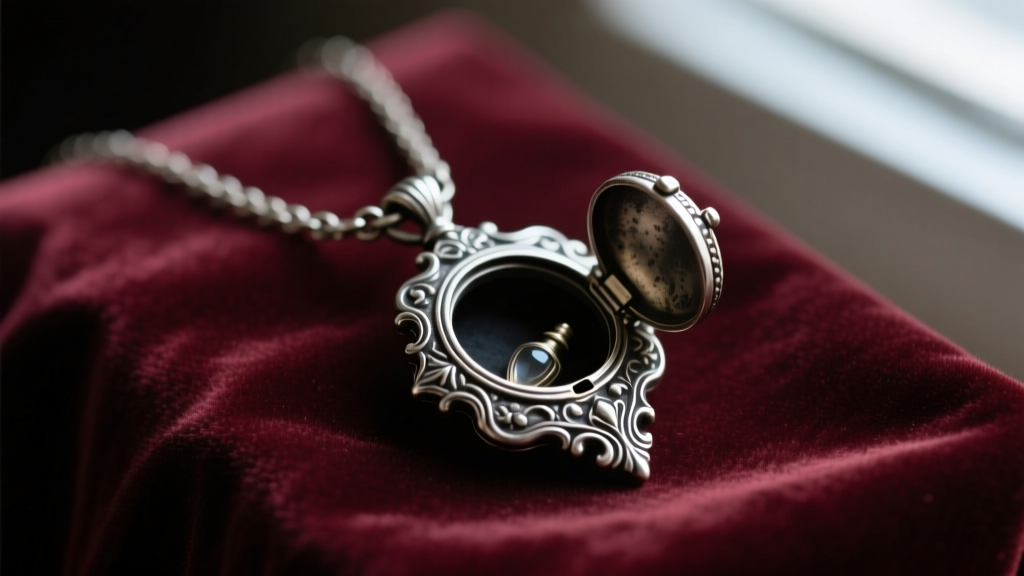 Victorian poison necklace pendant in oxidized silver on velvet, with a tiny hidden compartment slightly ajar in soft moody light