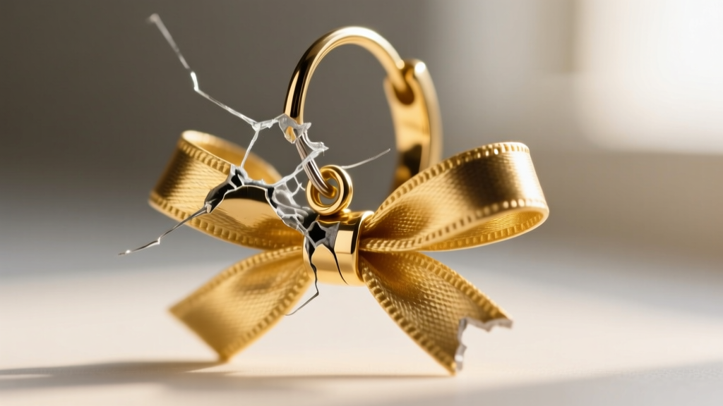 Extreme close-up of a broken solder joint on a gold ribbon bow earring, revealing structural weakness at the loop connection.
