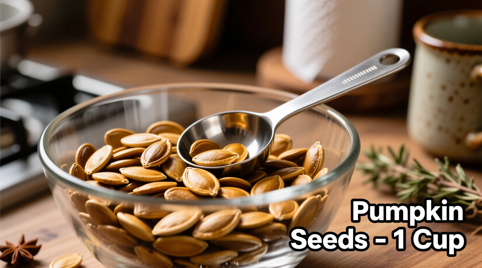 Pumpkin seeds in glass bowl with measuring spoon