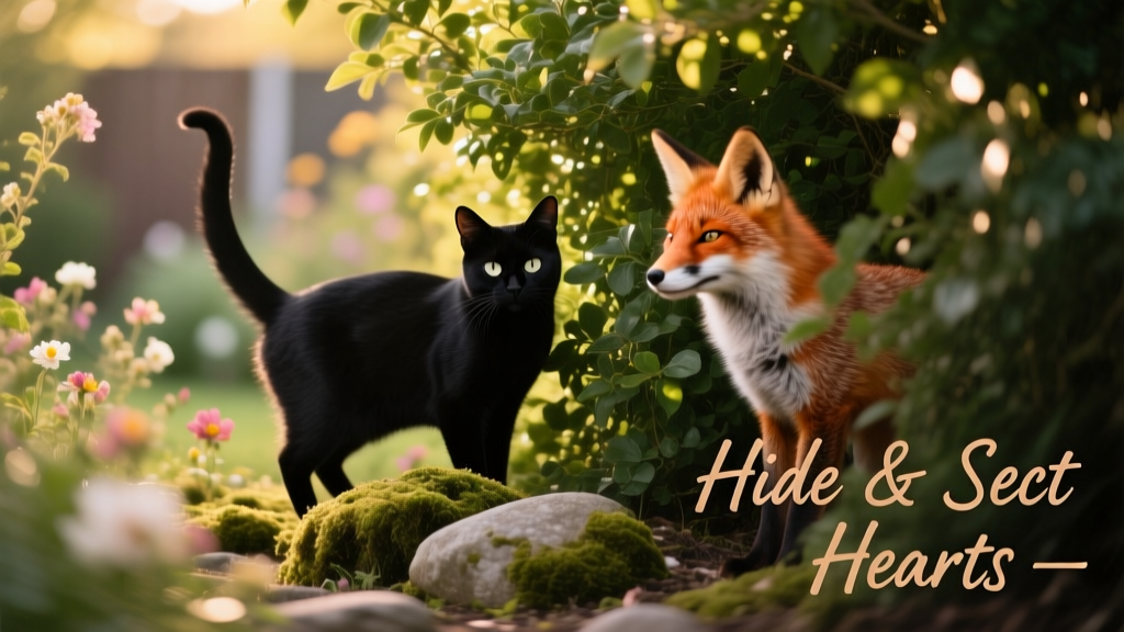Black cat partially hidden in lush green bushes, tail just visible