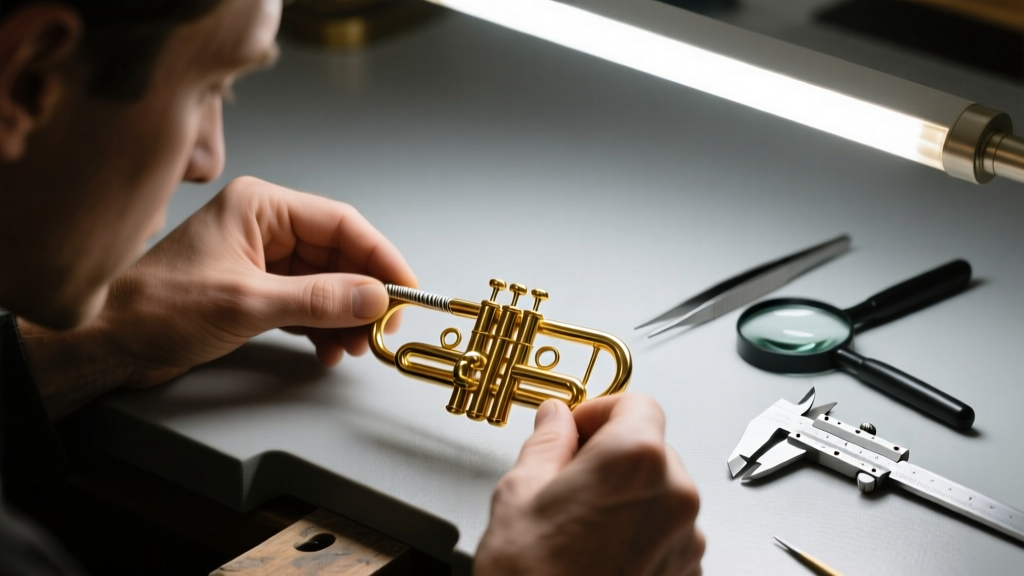 Jeweler inspecting wire gauge and tension of a 16-gauge gold trombone clasp on a workbench under a bright, focused halogen lamp.