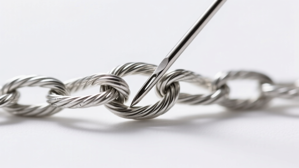 Macro shot of a fine sewing needle gently separating a tight knot in a 1mm sterling silver cable chain on a clean white surface.