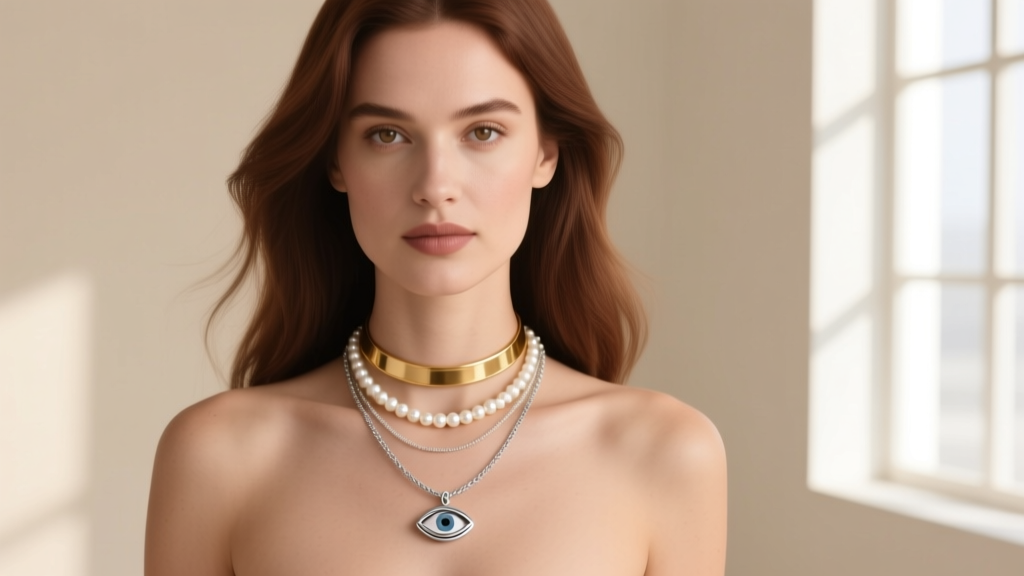 Woman wearing a layered stack featuring a silver Alex and Ani evil eye pendant, a delicate pearl strand, and a thin gold choker
