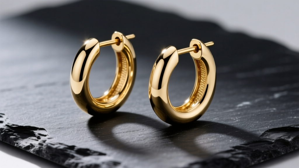 Polished 18k gold hoop earrings on dark slate, lit to highlight the rich metallic luster and a seamless, secure clasp mechanism.