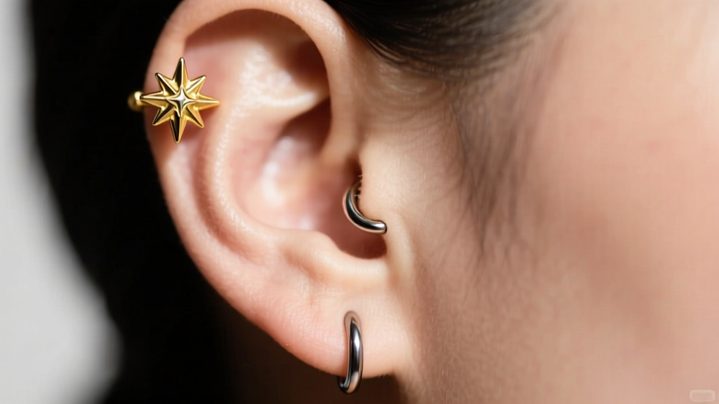 Close-up of a 2026 ear curation featuring an 18k gold north star earring stud on the upper lobe paired with a titanium helix
