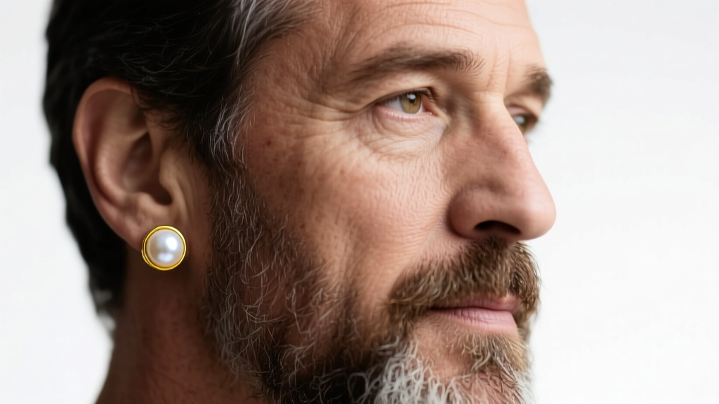 Portrait of a bearded man wearing a single 8mm white Akoya pearl stud earring in a yellow gold setting, soft studio lighting.