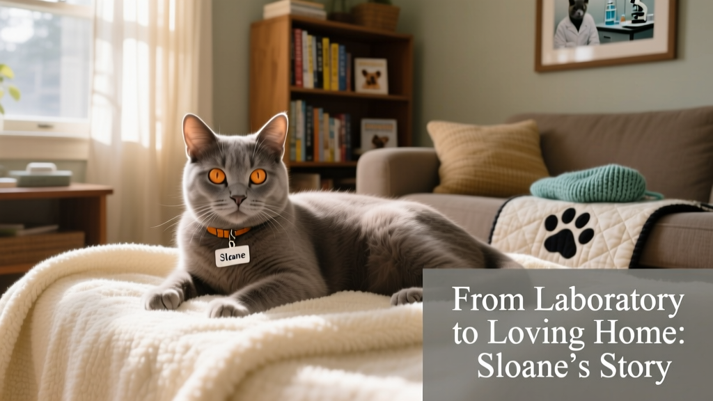 Sloane lying on a soft blanket, gazing calmly at the camera
