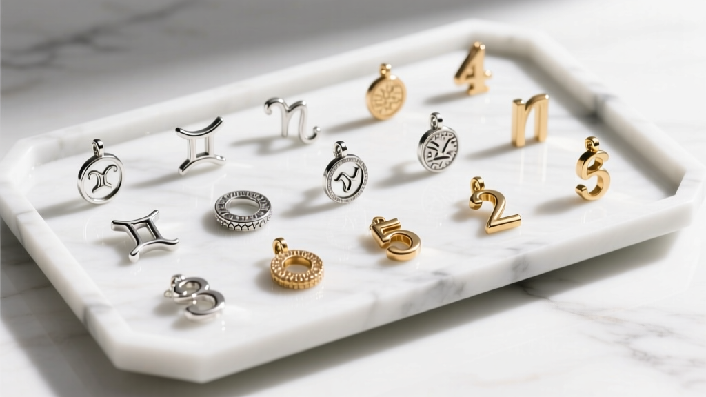 Flat lay of various Jennifer Fisher zodiac and number charms in sterling silver and brass on a white marble jewelry display tray
