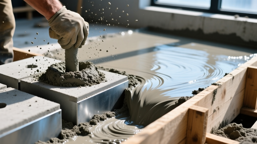 Stiff dry-pack concrete mix being tamped into a paver mold next to wet-slump concrete flowing into a wooden foundation form