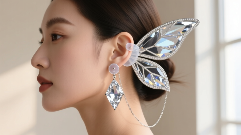 Side view of a woman wearing large crystal fairy wing earrings with clear silicone support patches and a fine ear chain attached