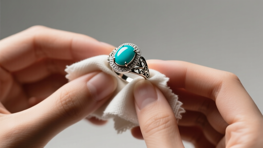 Close-up of hands gently wiping a vintage turquoise and silver ring with a dry microfiber cloth under warm, focused studio lighting