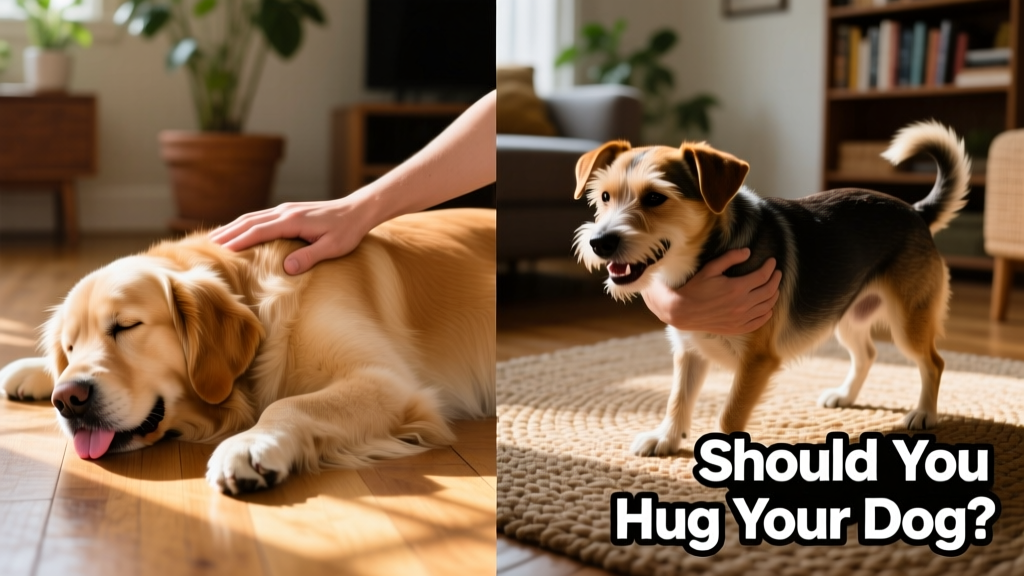 Side-by-side comparison showing a relaxed dog receiving gentle petting versus a stressed dog being hugged
