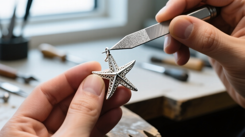 Macro shot of a jeweler using a fine 400-grit file to gently smooth the sharp tip of a sterling silver starfish earring arm.