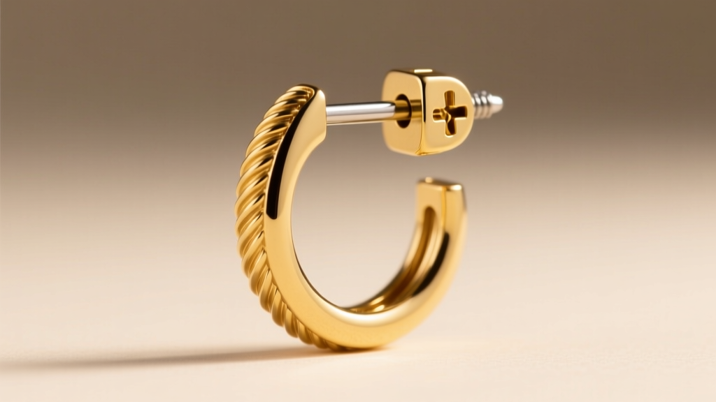 Side profile showing a 14k gold screw back earring lock threaded onto a 14-gauge post, illuminated by warm studio lighting.