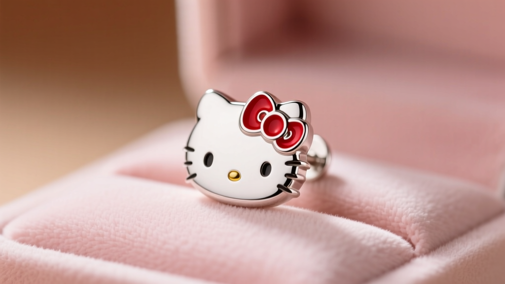 Macro shot of a sterling silver Hello Kitty stud earring with red enamel bow resting on a soft pink velvet jewelry polishing cloth