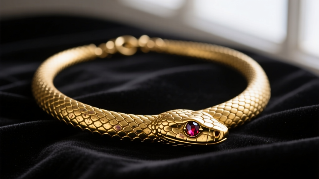 Close-up of a Victorian gold vintage snake necklace with garnet eyes resting on dark velvet, highlighting intricate scale textures