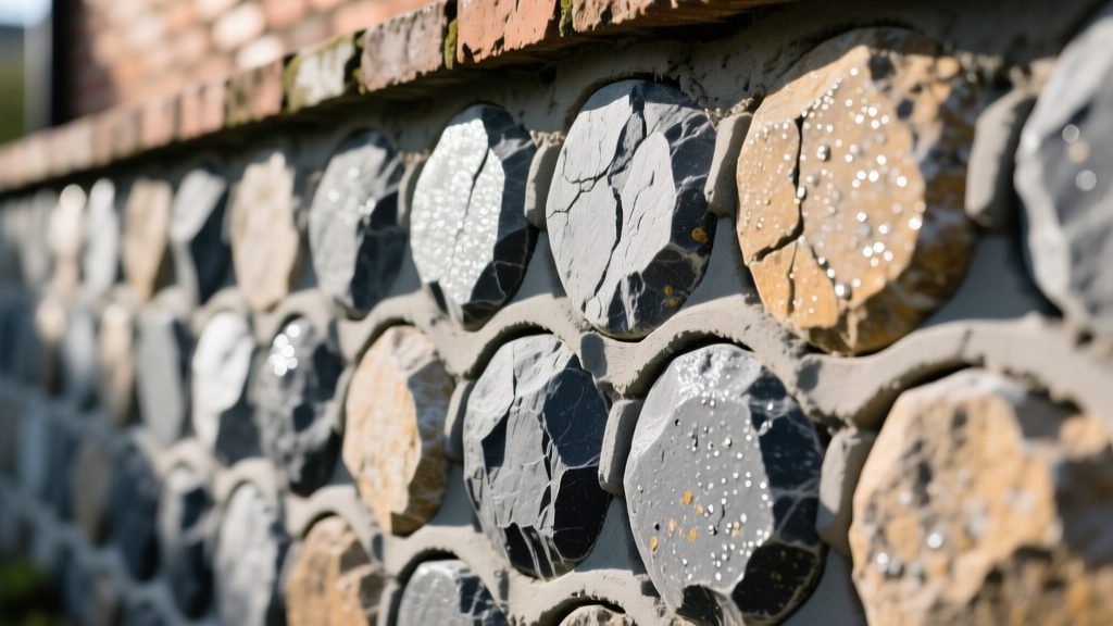 Close-up of rounded cobblestone veneer stone in mixed gray tones installed on a masonry retaining wall with fresh mortar joints
