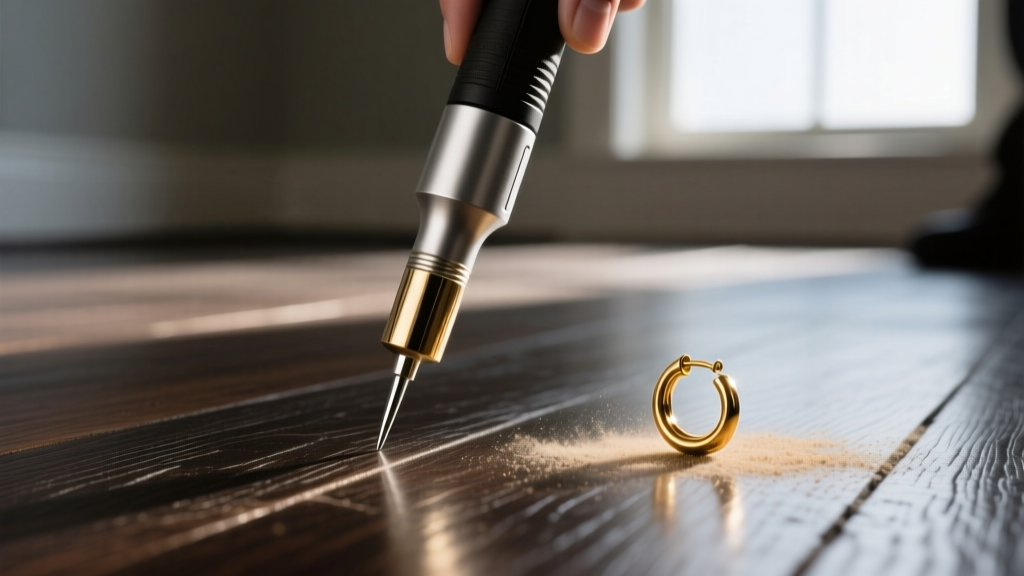 Handheld metal detector pinpointer hovering over a dark hardwood floor, with a small 18k gold huggie earring resting nearby in the dust