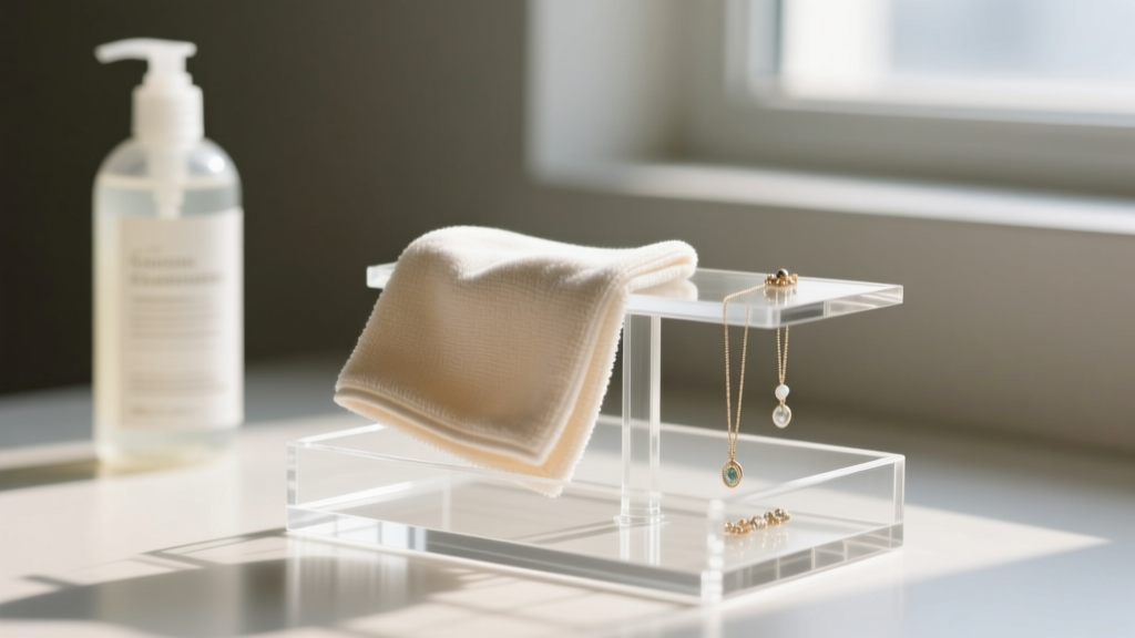 Soft microfiber cloth wiping a clear acrylic jewelry holder organizer stand, with a bottle of gentle cleaner blurred in background