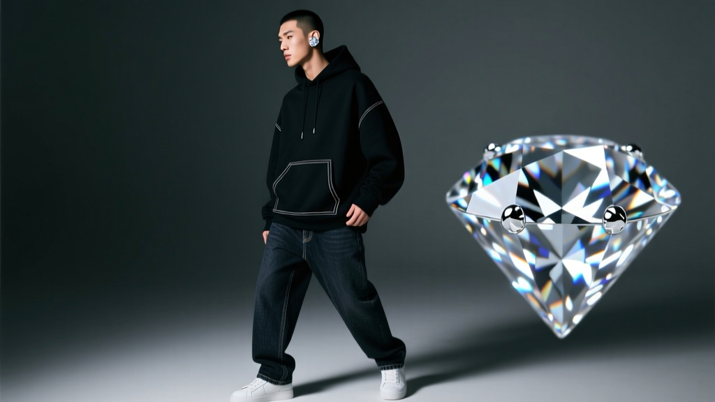 Male model wearing a single large solitaire diamond stud in left ear, streetwear aesthetic, moody studio lighting highlighting gem