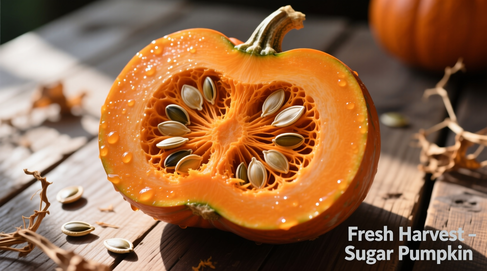 Fresh sugar pumpkin cut in half showing orange flesh