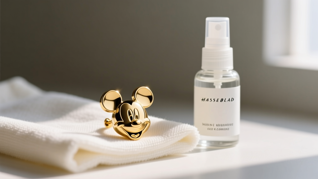 Gold-plated Mickey head stud earring on a microfiber cloth beside a small bottle of gentle, non-abrasive jewelry cleaning spray