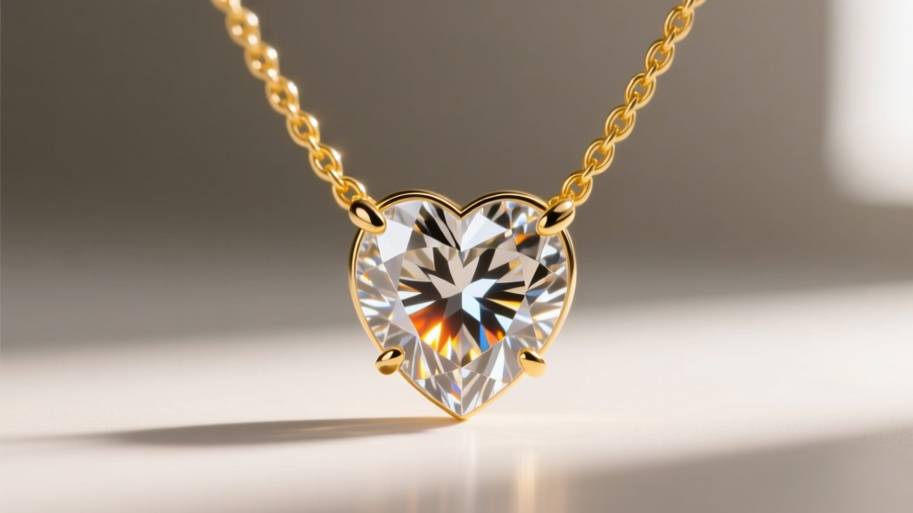 Macro shot of a diamond heart pendant on a 14k yellow gold cable chain, showing the protective V-prong at the stone cleft.