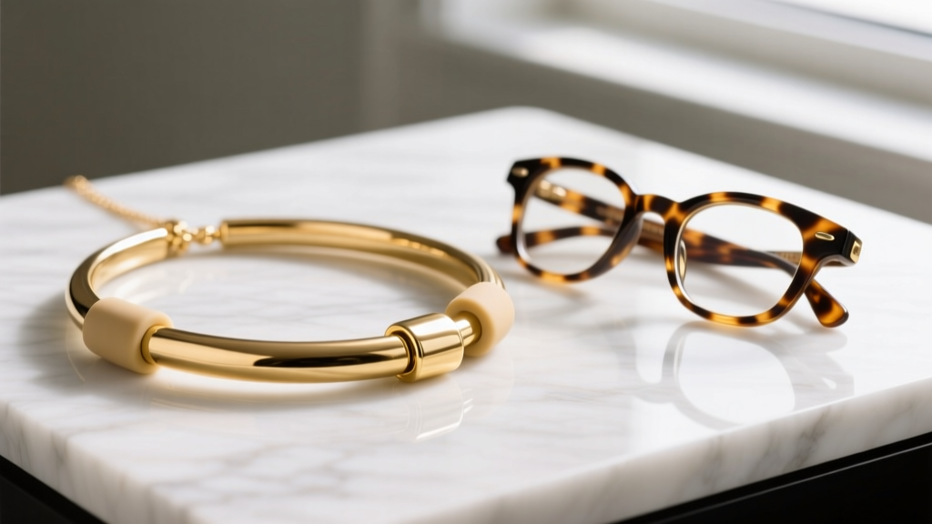 Gold-filled eyeglass holder necklace with silicone grips resting on white marble beside classic tortoiseshell reading glasses.