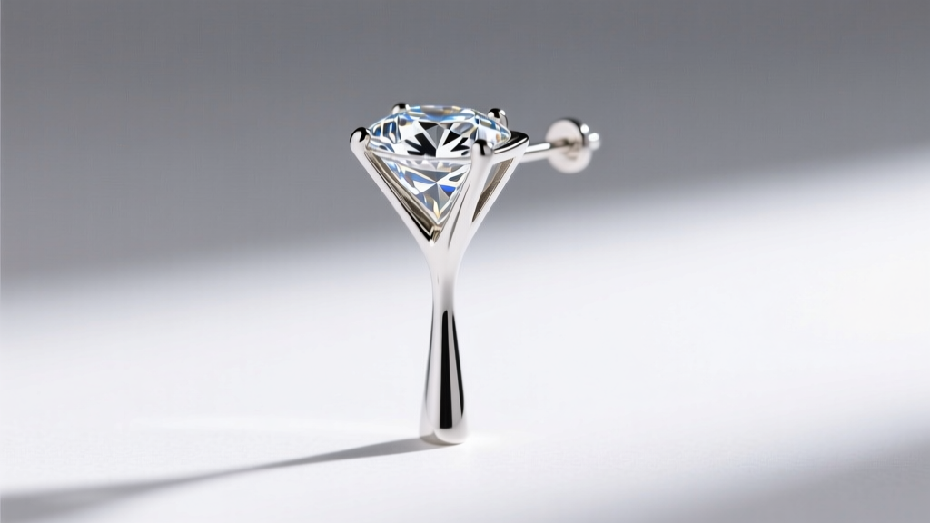 Side profile of a diamond in a white gold martini setting, revealing the low center of gravity and the tapered earring post.
