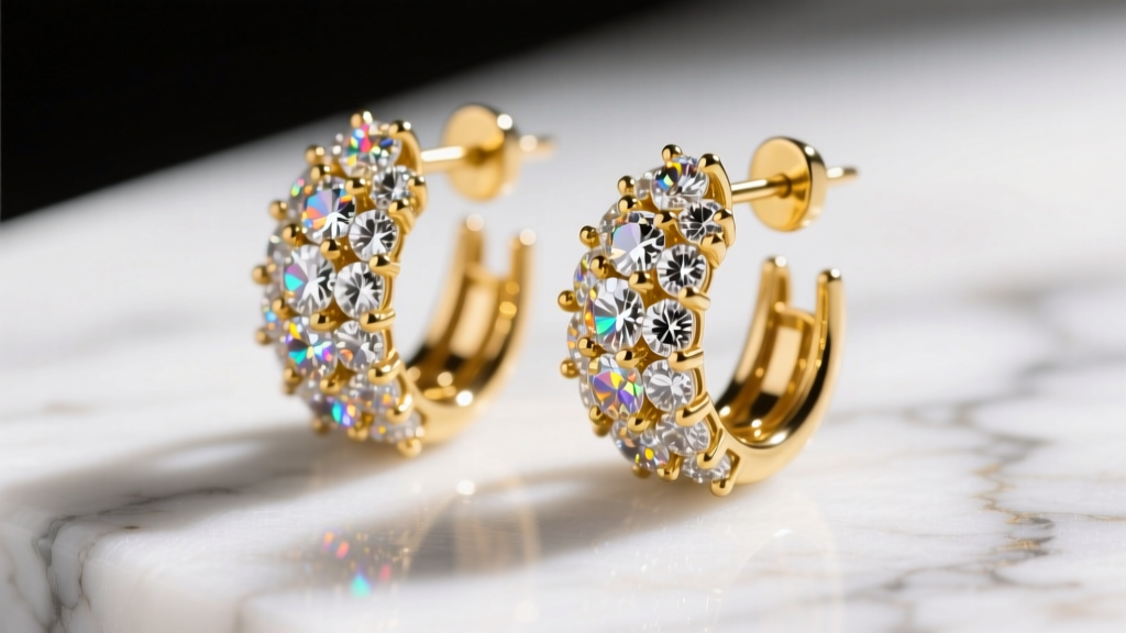 Macro shot of 18k yellow gold S&Y diamond pave huggie earrings, showing intricate prong settings and brilliant stones on marble
