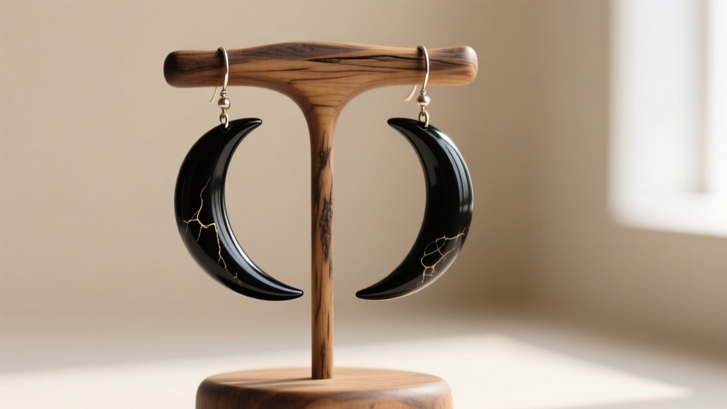 Polished black water buffalo horn crescent drop earrings hanging from a rustic wooden jewelry stand against a soft beige backdrop.
