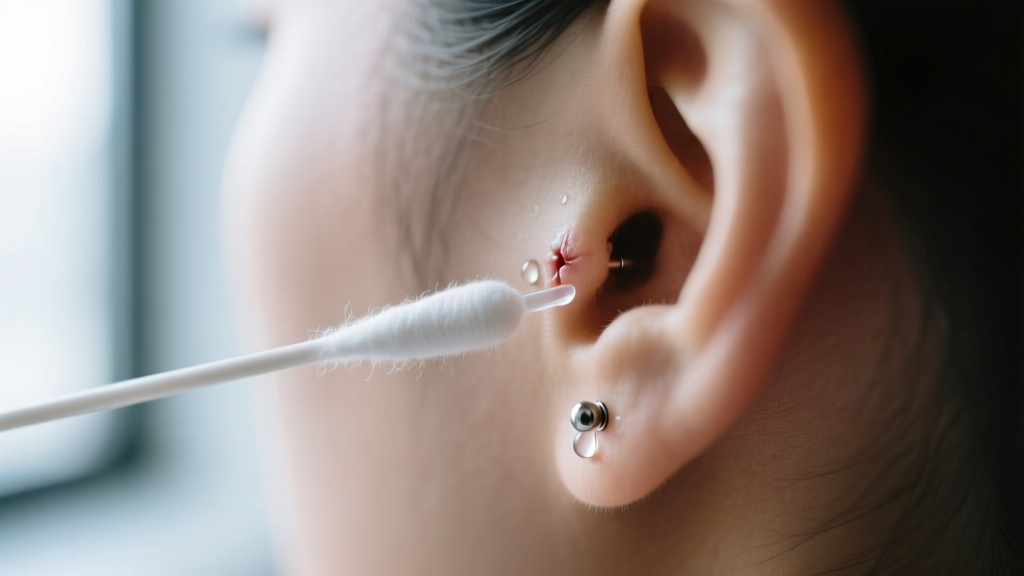 Sterile cotton swab applying saline to a healing cartilage ear, with a small titanium stud visible in the blurred, soft background.